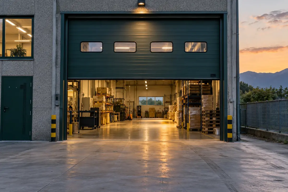 Porta di un magazzino industriale aperta